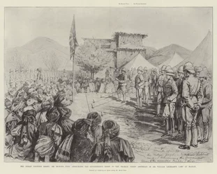 La rivolta della frontiera indiana, Sir Richard Udny annuncia i termini del governo ai capi Orakzai riuniti nel campo di Sir William Lockhart a Maidan